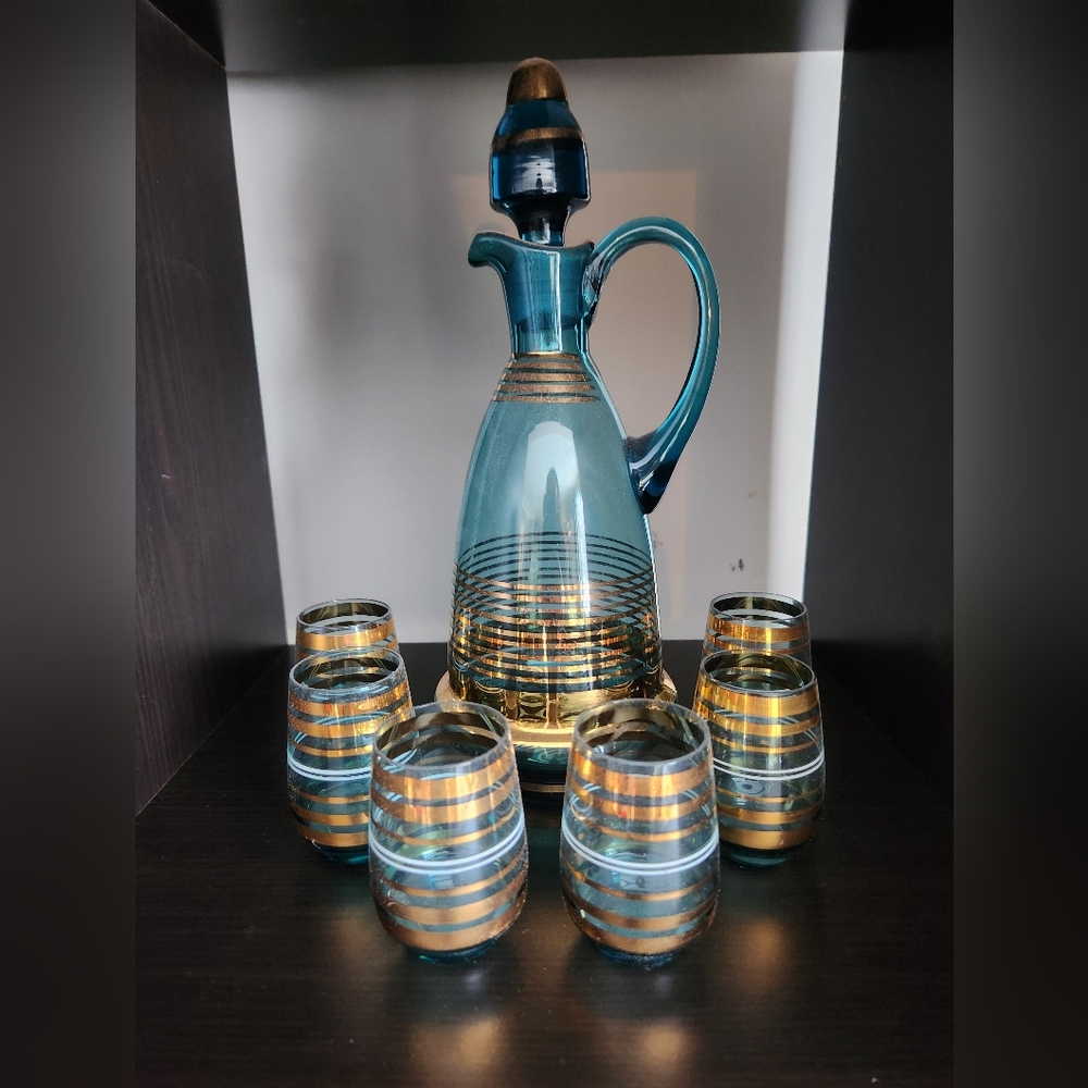 Vintage MCM Blue And Gold Toned Decanter and 6 Glasses